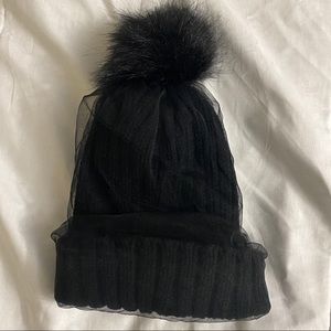 Boohoo Black Pom Beanie with Tulle Netting